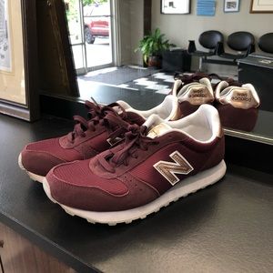 New Balance 311 maroon rose gold suede tennis shoe